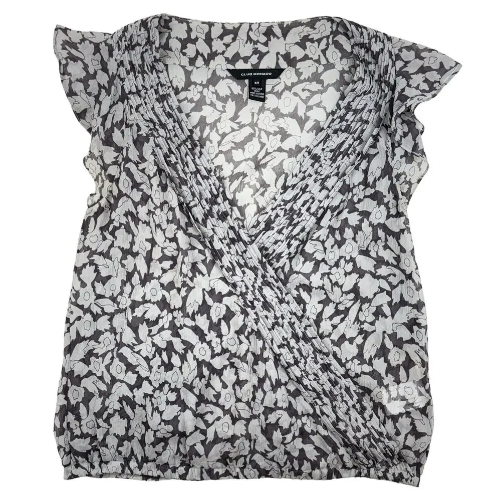 Club Monaco silk‎ chiffon flutter sleeve blouse Gray Brown print sheer Top Sz M - Picture 11 of 13